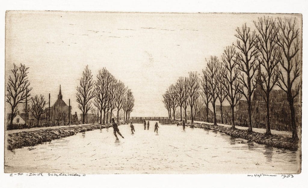 Zuid Schermer, de Zuidervaart met ijs bedekt. Links het zwarte kerkje en rechts de St. Michaëlskerk. Op de vaart schaatsers. 1983 door W. Hopman. Hopman, W. / Collectie Regionaal Archief Alkmaar / PR 1001463