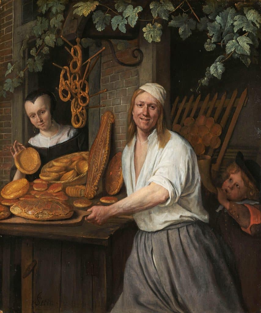 Schilderij Jan Steen 1658 met bakker en verschillende broden w.o. Duivekater erop 